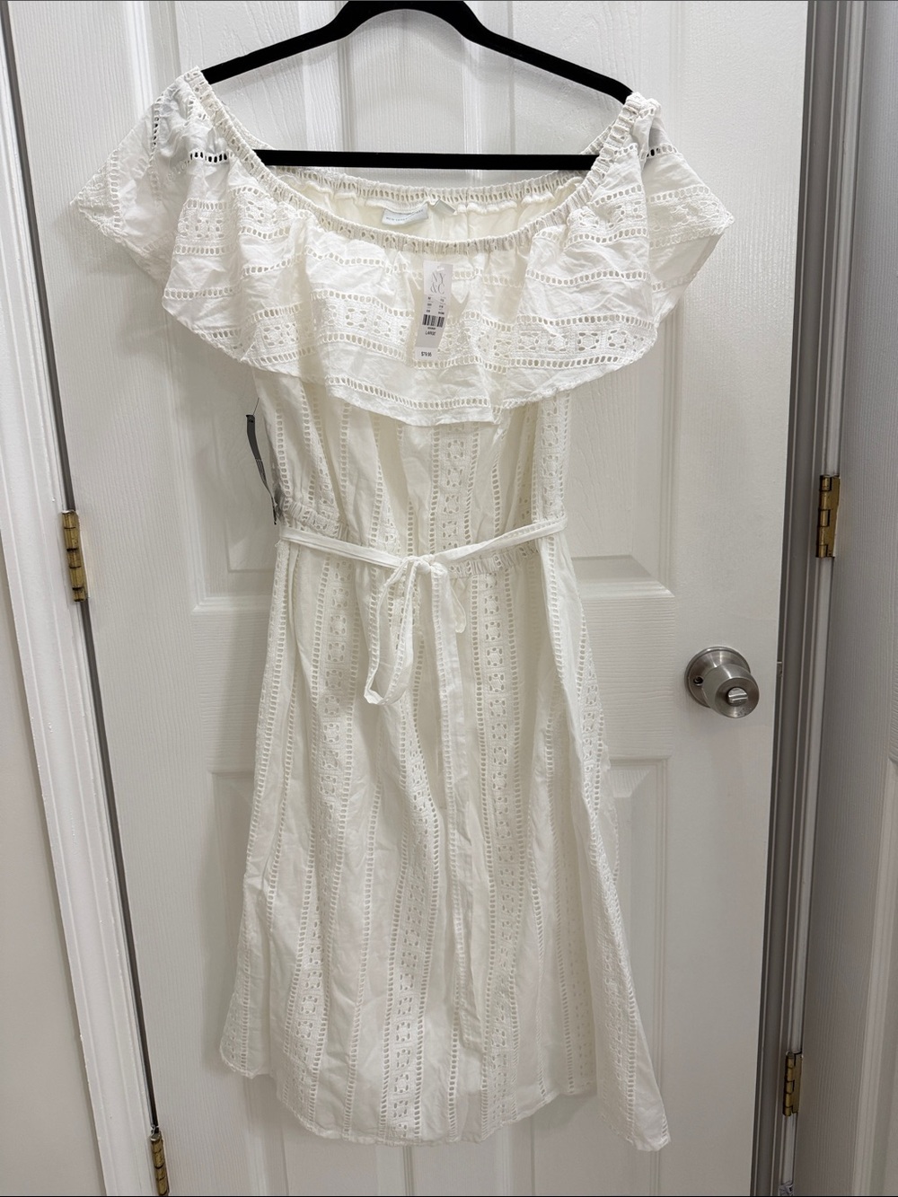 New York & Company White Off-Shoulder Eyelet Midi Dress